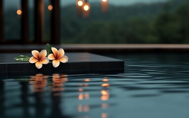 Closeup of frangipani flowers adorning a luxury spa bath, with the water reflecting soft light from elegant chandeliers, spa, frangipani and luxury bath