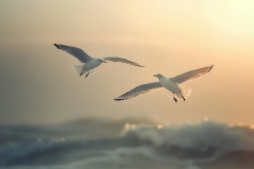 Obraz premium Two birds in flight above the sea, generative AI.