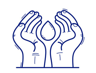 Two hands with water drop protecting and showing care vector flat style illustration isolated on white, cherish and defense for fresh water concept, world water day.