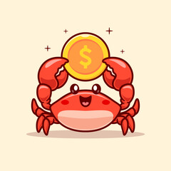 Obraz premium Cute Crab Holding Gold Coin Cartoon Vector Icon Illustration. Animal Finance Icon Concept Isolated Premium Vector. Flat Cartoon Style 
