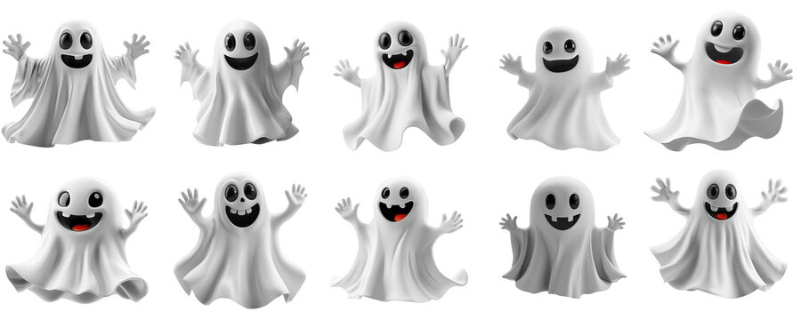 A collection of ten cheerful and friendly cute cartoon ghosts with happy expressions for Halloween, perfect for Halloween-themed designs, party invitations