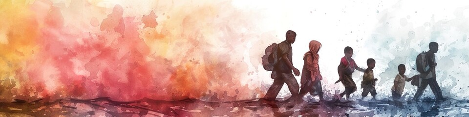 Obraz premium Refugee family flees burned-down city, background banner illustration with copy space, 