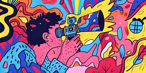 Person holding camera in front of colorful abstract art.