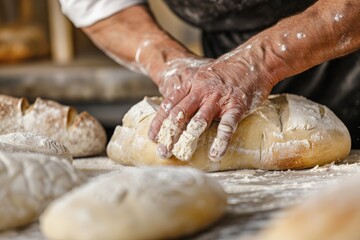 baker at work. The baker shapes the bread. Hands on the close-up form bread. Beautiful simple AI generated image in 4K, unique.