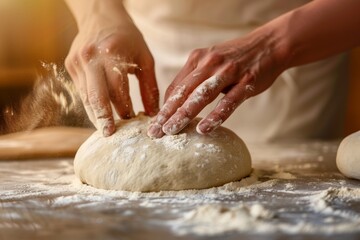 baker at work. The baker shapes the bread. Hands on the close-up form bread. Beautiful simple AI generated image in 4K, unique.