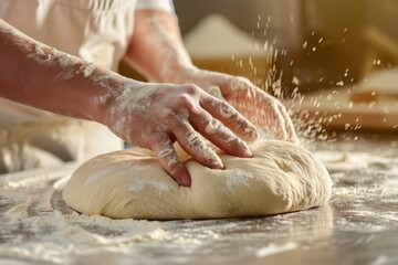 Fototapeta premium baker at work. The baker shapes the bread. Hands on the close-up form bread. Beautiful simple AI generated image in 4K, unique.