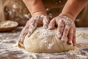 Fototapeta premium Adult Women Hands Preparing Dough for Bread at Home - Teaching and Learning Concept. Beautiful simple AI generated image in 4K, unique.
