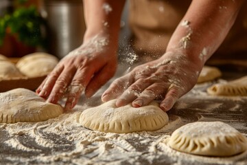 Fototapeta premium baker at work. The baker shapes the bread. Hands on the close-up form bread. Beautiful simple AI generated image in 4K, unique.