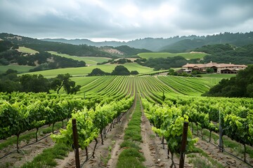 Lush Vineyard Landscape Under a Cloudy Sky