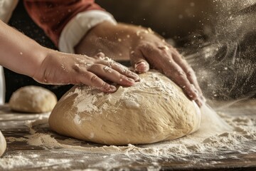 Obraz premium Close-up of the hands of a Caucasian female chef pouring flour on a kitchen countertop, mixing dough on a shiny table. Beautiful simple AI generated image in 4K, unique.