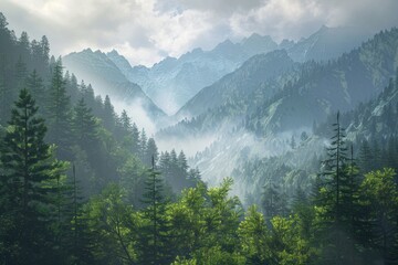Fototapeta premium Mountain landscape with dense forest in the foreground