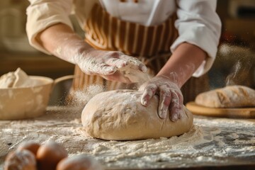Fototapeta premium baker at work. The baker shapes the bread. Hands on the close-up form bread. Beautiful simple AI generated image in 4K, unique.