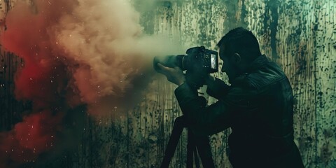 Silhouetted photographer taking pictures with smoke.