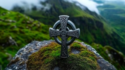 Celtic cross standing in misty Irish landscape