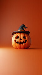 A pumpkin with a black hat on it and a smiley face. The pumpkin is on a red background