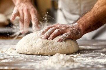 Fototapeta premium Close-up of the hands of a Caucasian female chef pouring flour on a kitchen countertop, mixing dough on a shiny table. Beautiful simple AI generated image in 4K, unique.