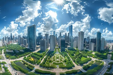 Naklejka premium Aerial View of Chicago's Skyline and Green Spaces Under a Bright Sky