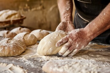 Fototapeta premium baker at work. The baker shapes the bread. Hands on the close-up form bread. Beautiful simple AI generated image in 4K, unique.