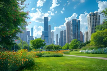 Fototapeta premium Vibrant Urban Oasis: A Lush Park with Chicago's Skyline in the Background