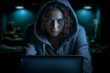Intense Female Hacker Working at Laptop in Dark Room