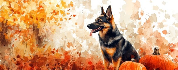 Watercolor illustration of a German Shepherd surrounded by autumn leaves and pumpkins, capturing the essence of fall.