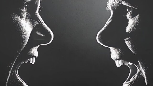 Two faces shouting at each other in profile, on a dark background, symbol of conflict and tension.
Concept: psychological research, social problems, crisis management