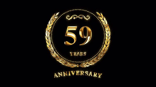 59th Anniversary Celebration. Happy 59 Years Anniversary Animation in Gold Color on the Transparent Background, Alpha Channel. Great for greetings, celebrations, events, and gifts.