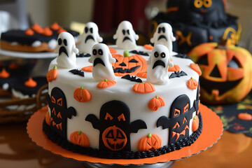 Halloween layer cake decorated with fondant ghosts, pumpkins, and bats standing on an orange cake board