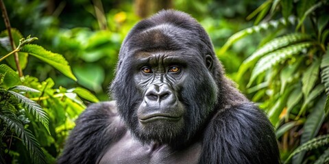 Naklejka premium A majestic male gorilla silverback stands dignified in the lush greenery of Bwindi Impenetrable National Park, its powerful build and gentle gaze captivating the viewer.