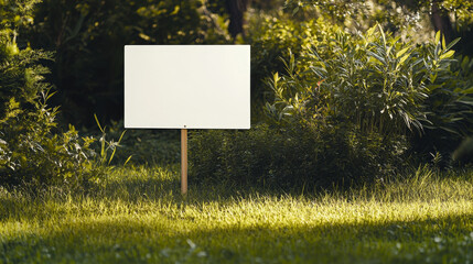 "Empty white sign ideal for a mock-up, placed in a lush grass lawn in a yard."