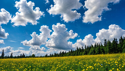 Fototapeta premium Prairie en fleurs sous un ciel bleu nuageux