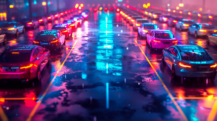 Modern city parking with bright neon lighting in the open air.