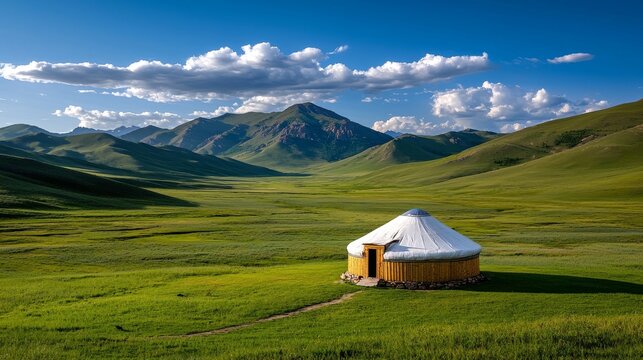 Traditional Mongolian ger (yurt) on vast steppes