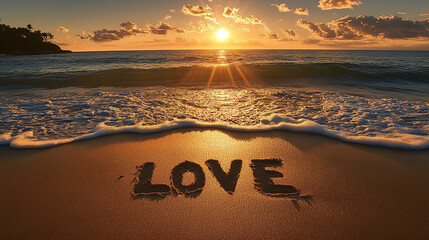 The word "LOVE" written in the sand on an empty beach at sunset