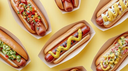 Hot dogs in paper trays placed on a pastel yellow background, showcasing vibrant toppings and sauces.