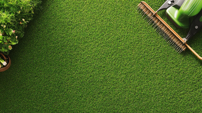 "Garden lawn care tools and equipment for maintaining perfect green grass, with a banner and ample copy space for your message."