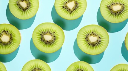 Fototapeta premium Kiwi slices placed in a regular pattern on a pastel blue background, with shadows enhancing the texture and contrast.