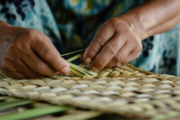 Close up of artisan's hands meticulously weaving thin bamboo strips, showcasing traditional craftsmanship and the beauty of natural materials