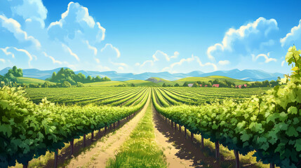 "Grape field in full growth, with rows of grapevines stretching across rolling hills. Summer scenery highlighting the lush, green vineyard and the organized rows of the yard."