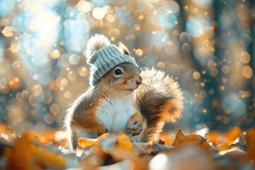 Fototapeta premium A squirrel sits on a pile of leaves wearing a colorful knitted hat