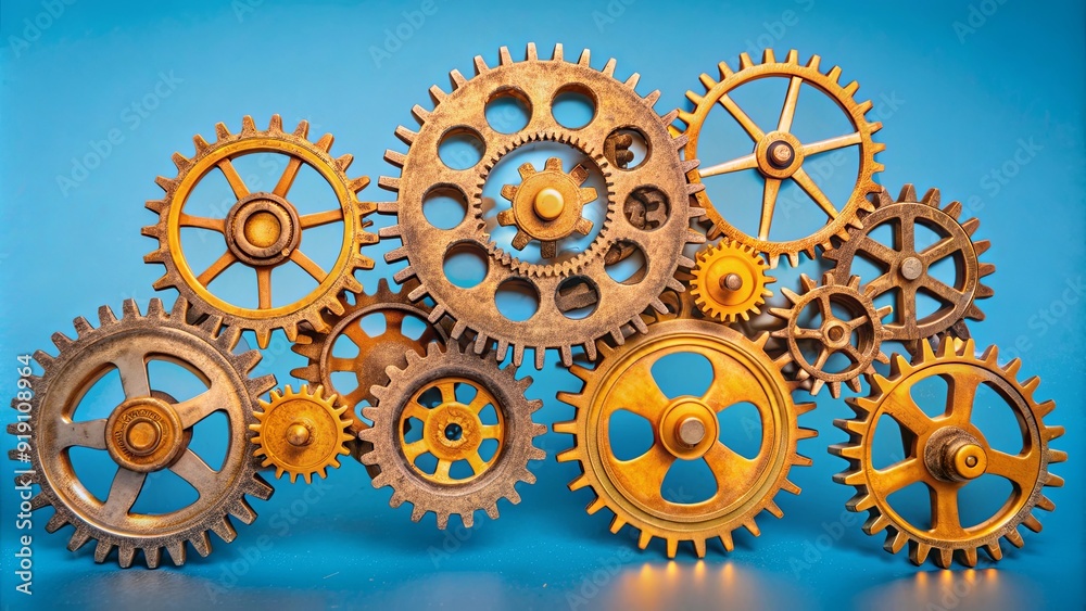 Poster a collection of old, rusted gears are arranged in a circle