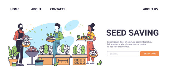 Seed saving eco farming concept illustration depicting three people holding seeds and plants with various containers and greenery minimalistic line art