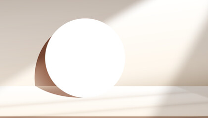 Autumn Background,Beige Podium display with White light,Wondow Shadow on Mirror,Backdrop for Cosmetic product presentation,Vector 3d Platform composition with copy space for Fall,Summer, Winter Banner