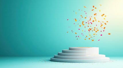 Celebrating Success - Confetti Falling on Podium with Copy Space, Flat Design Illustration