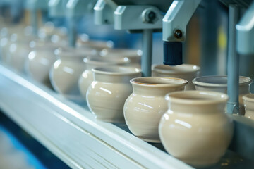Automated machine glazes ceramic pots in a busy pottery factory, showing technology in manufacturing