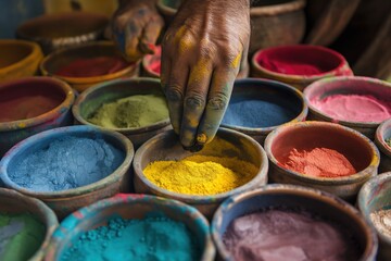Close up of an artisan's hand taking yellow pigment from a ceramic bowl, surrounded by other colorful powder pigments
