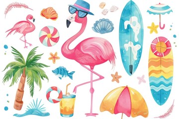 Summer-themed illustration with a pink flamingo, tropical leaves, surfboard, beach ball, and other beach items in bright pastel colors. ai