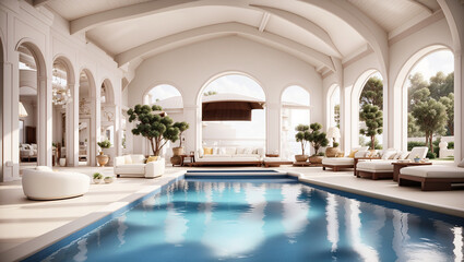 A large indoor pool area with white walls, arches, and lounge furniture.