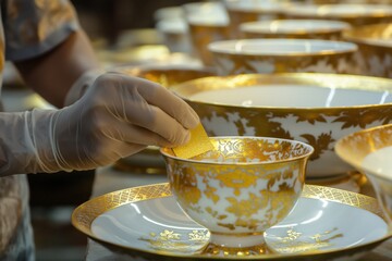 Craftsman wearing gloves is applying a gold leaf to a porcelain cup with floral pattern, working in a workshop