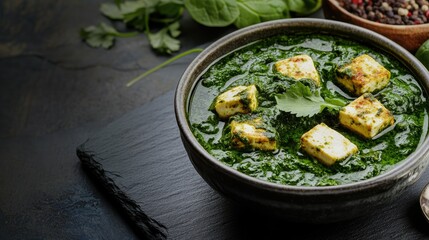 Palak Paneer with chunks of soft paneer cheese in a vibrant green spinach sauce, beautifully presented on a dark slate background.